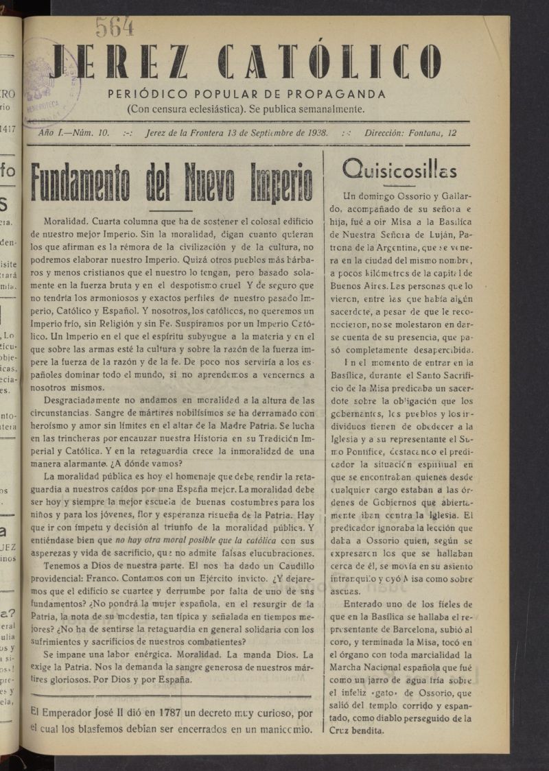 Jerez catlico : peridico popular de propaganda  del 13 de septiembre de 1938, n 10