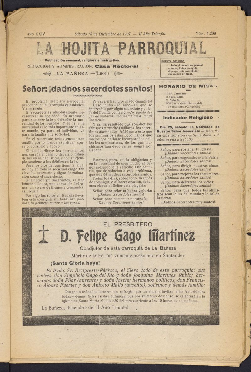 La hojita parroquial : publicacin semanal religiosa e instructiva del 18 de diciembre de 1937, n 1299