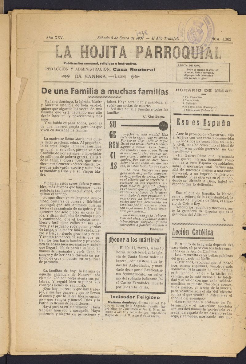 La hojita parroquial : publicacin semanal religiosa e instructiva del 8 de enero de 1938, n 1302