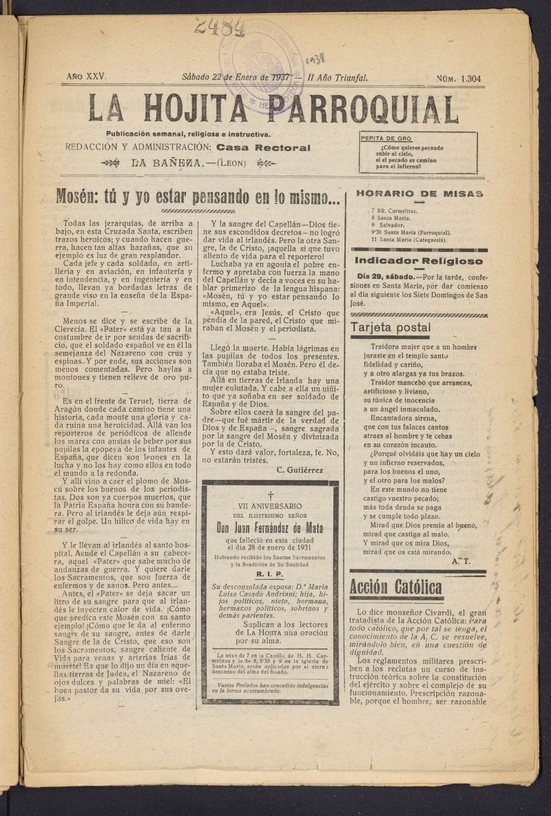 La hojita parroquial : publicacin semanal religiosa e instructiva del 22 de enero de 1938, n 1304