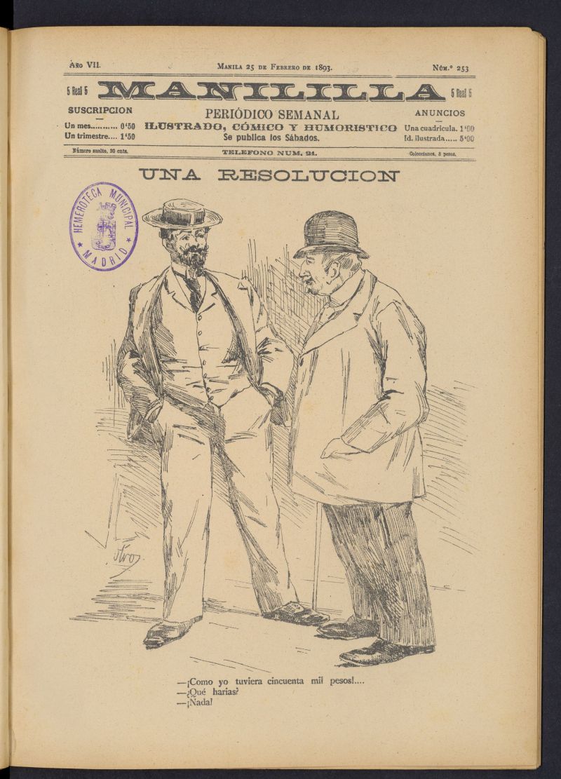 Manililla : peridico semanal ilustrado, cmico y humorstico del 25 de febrero de 1893, n 253