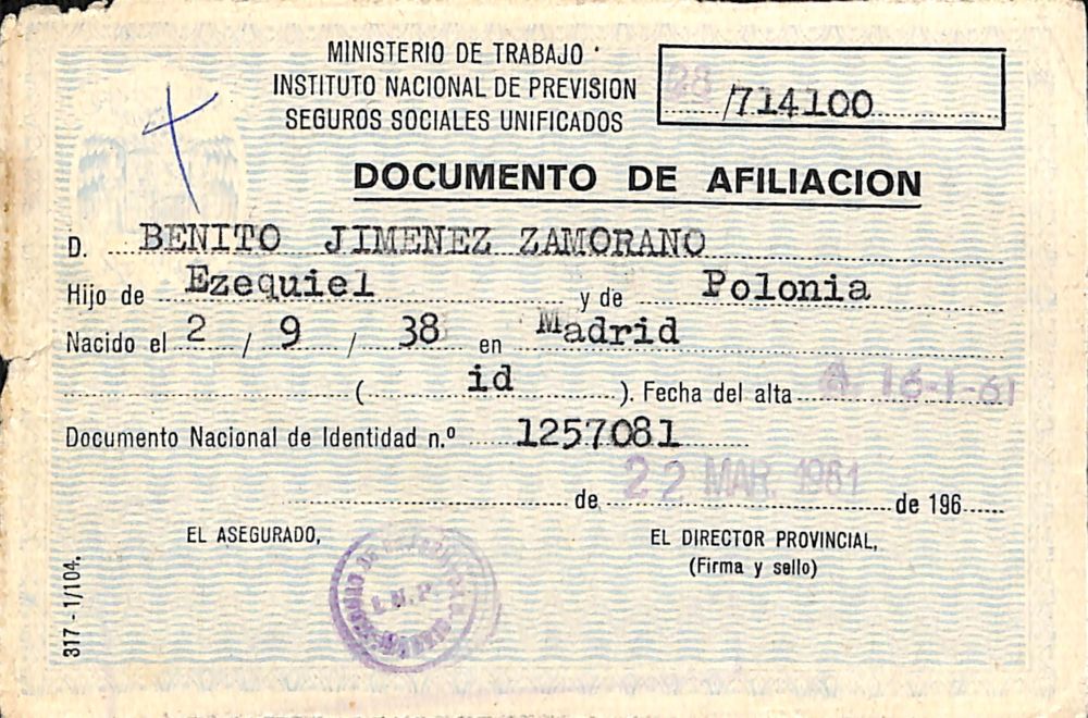 Tarjeta sanitaria de Benito Jiménez Zamorano