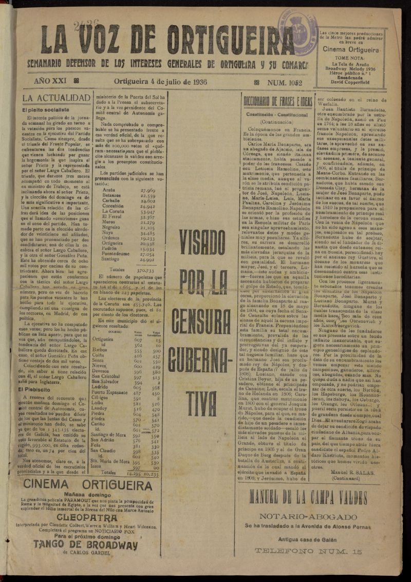 La Voz de Ortigueira del 4 de julio de 1936, n 1052