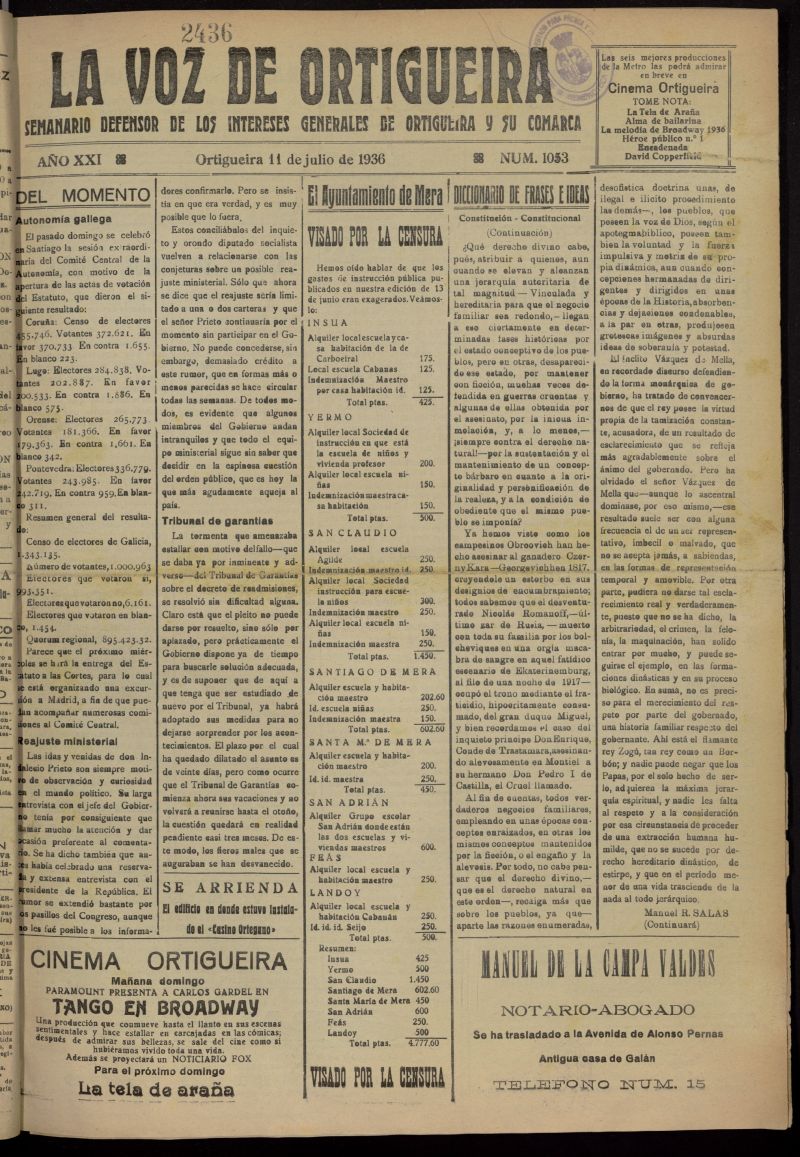 La Voz de Ortigueira del 11 de julio de 1936, n 1053