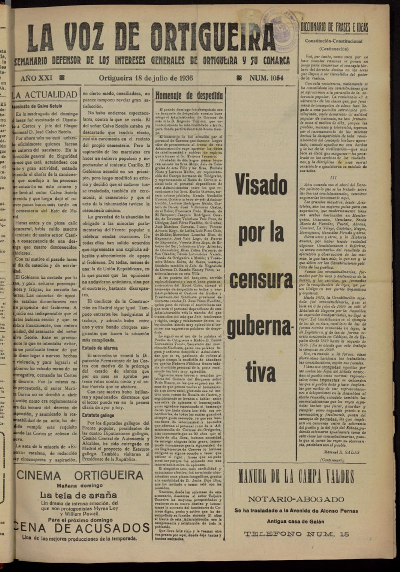 La Voz de Ortigueira del 18 de julio de 1936, n 1054