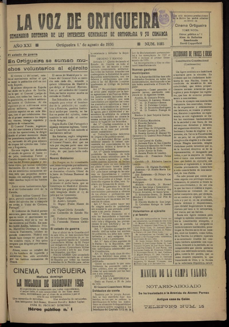 La Voz de Ortigueira del 1 de agosto de 1936, n 1055