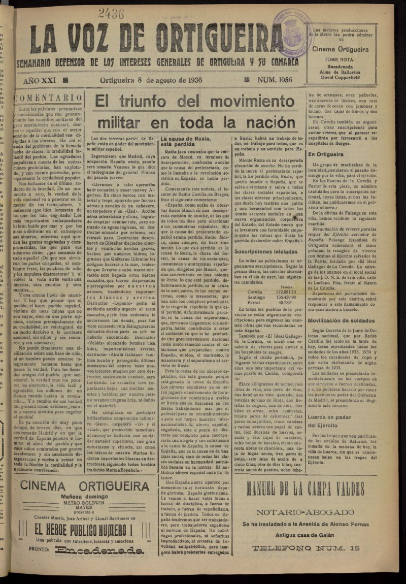 La Voz de Ortigueira del 8 de agosto de 1936, n 1056