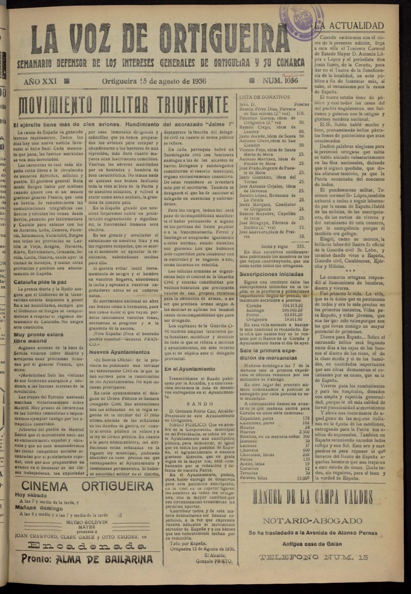 La Voz de Ortigueira del 15 de agosto de 1936, n 1057