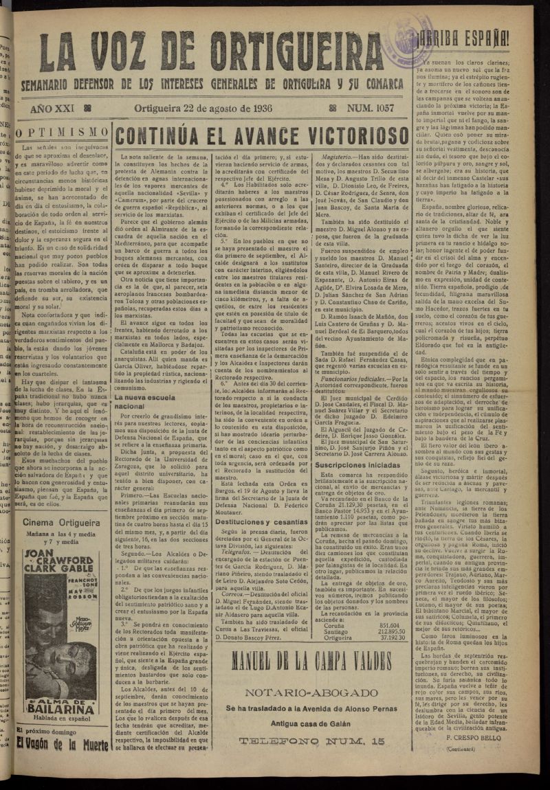 La Voz de Ortigueira del 22 de agosto de 1936, n 1057