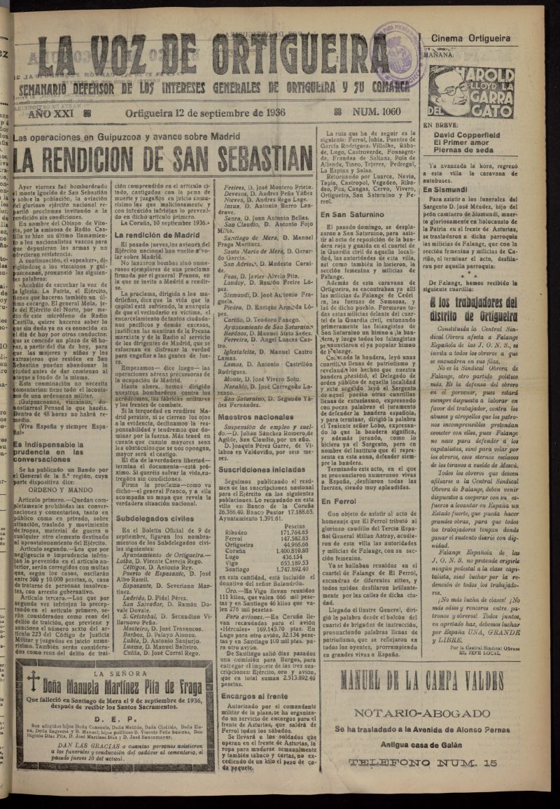 La Voz de Ortigueira del 12 de septiembre de 1936, n 1060