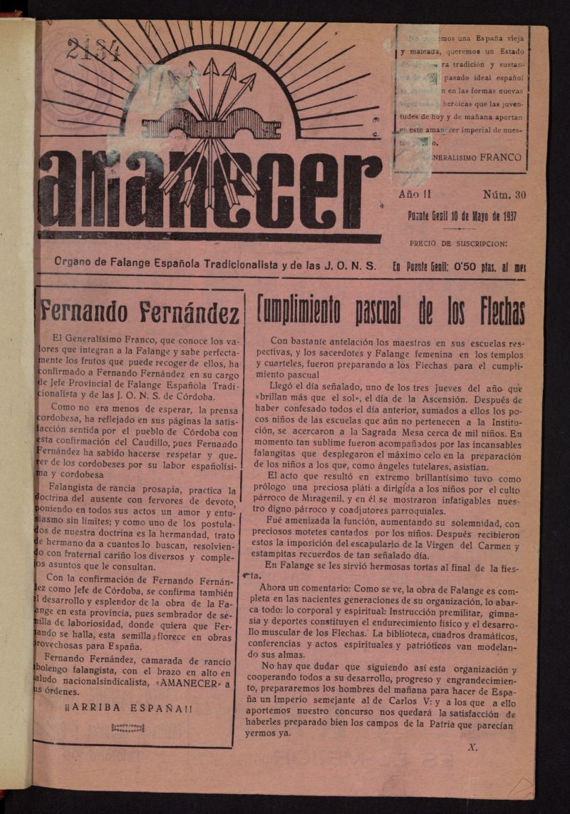 Amanecer : rgano de la Falange Tradicionalista y de las J.O.N.S. del 10 de mayo de 1937, n 30