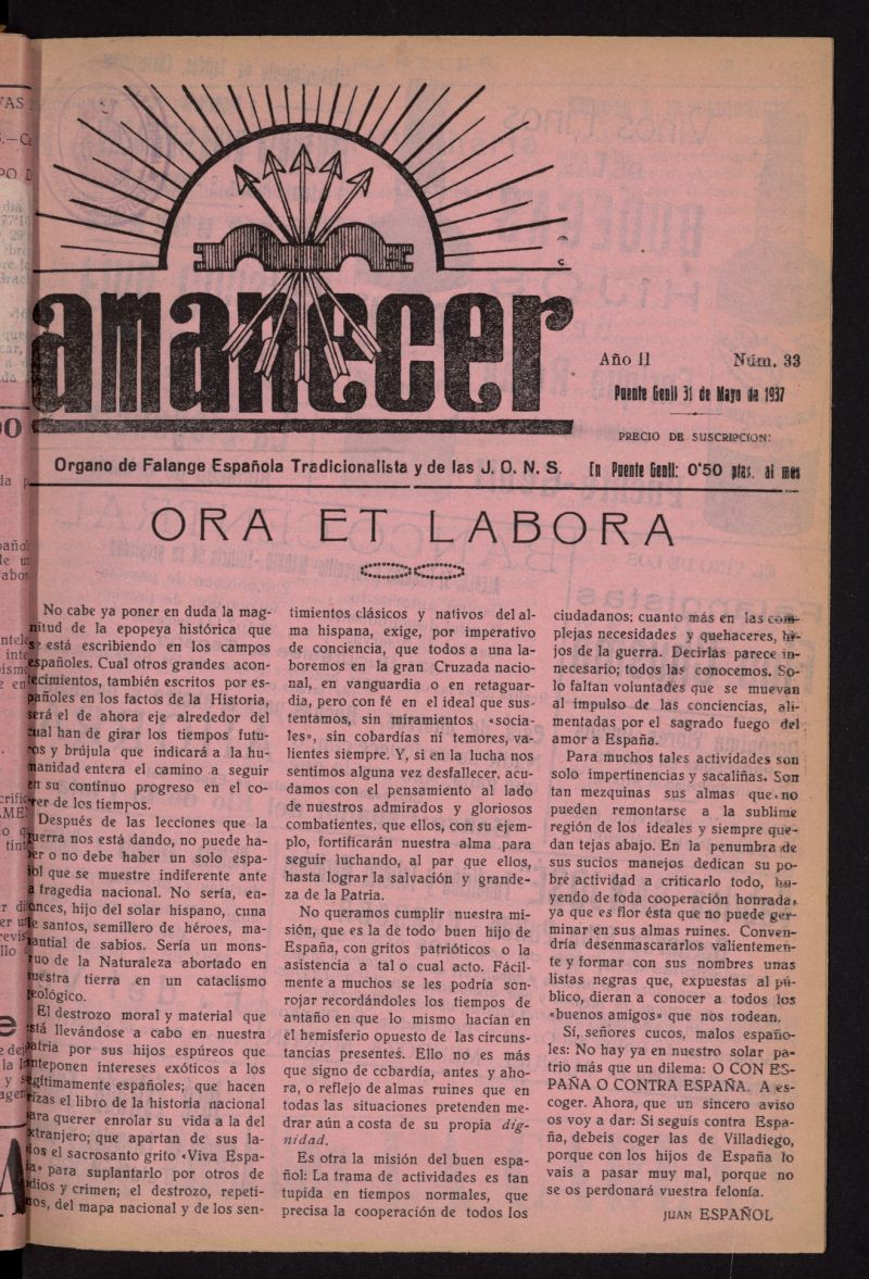 Amanecer : rgano de la Falange Tradicionalista y de las J.O.N.S. del 31 de mayo de 1937, n 33