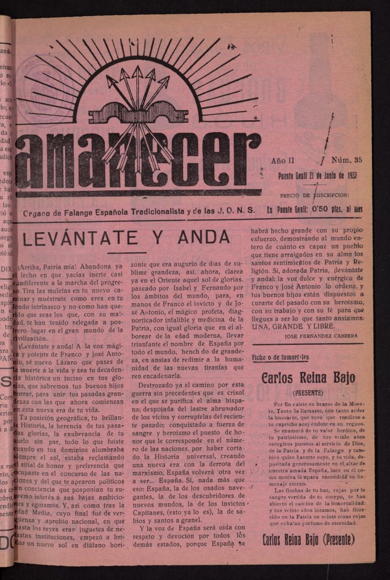 Amanecer : rgano de la Falange Tradicionalista y de las J.O.N.S. del 21 de junio de 1937, n 35