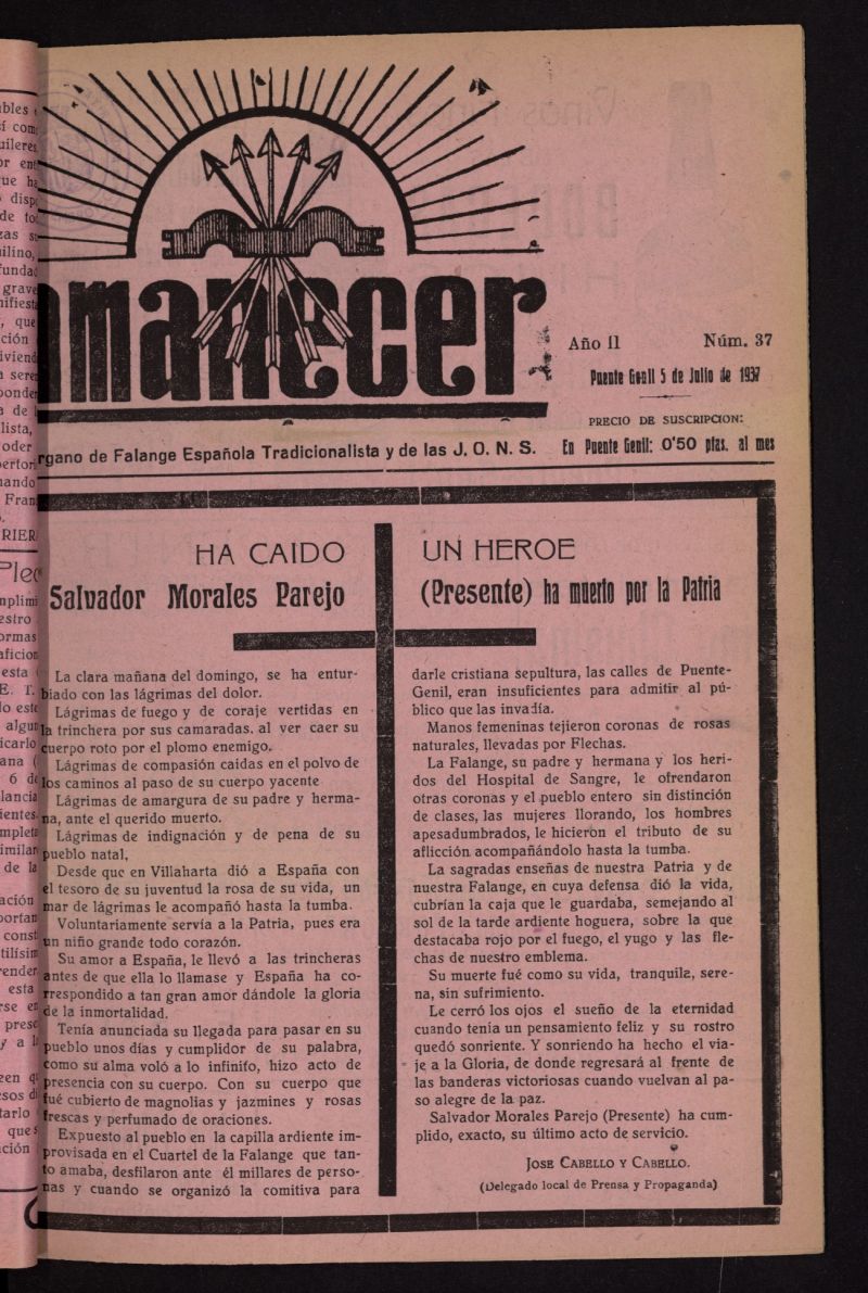 Amanecer : rgano de la Falange Tradicionalista y de las J.O.N.S. del 5 de julio de 1937, n 37