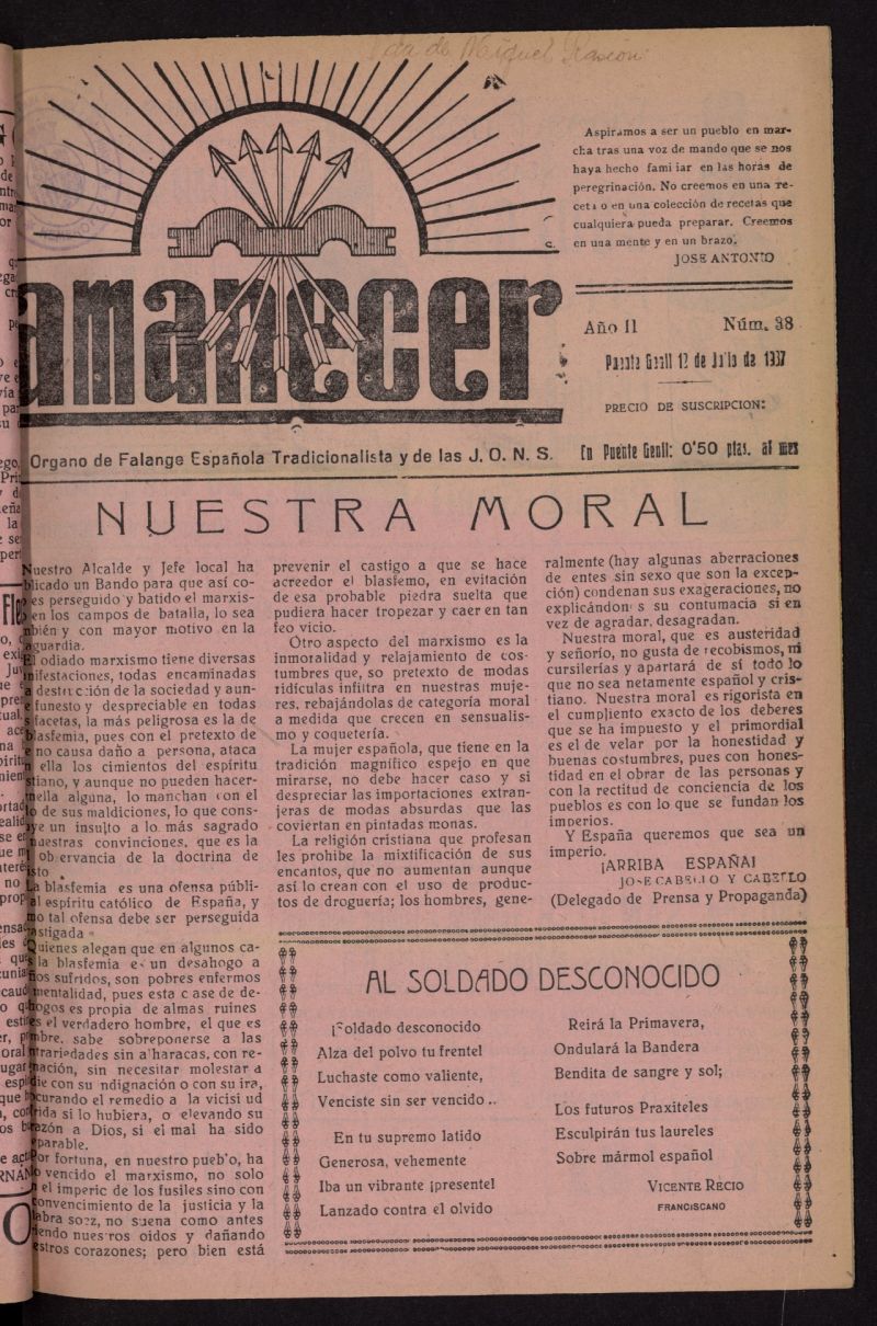 Amanecer : rgano de la Falange Tradicionalista y de las J.O.N.S. del 12 de julio de 1937, n 38