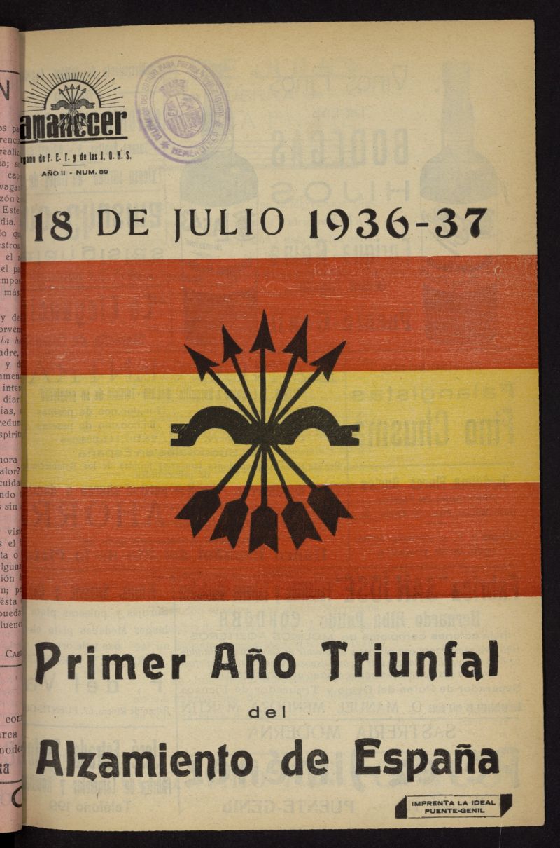 Amanecer : rgano de la Falange Tradicionalista y de las J.O.N.S. del 18 de julio de 1937, n 39