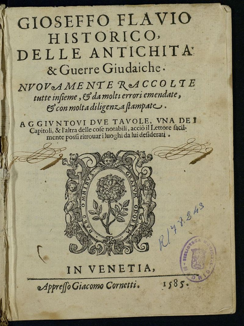 Gioseffo Flavio historico, Delle antichita & Guerre Giudaiche