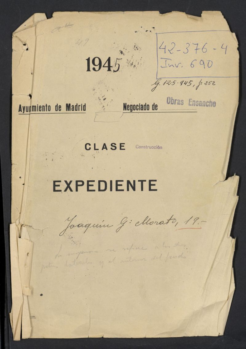 Licencia a D. Sabas Yague Muria para construir un edificio para viviendas en la calle Joaqun Garca Morato 19, actual calle de Santa Engracia