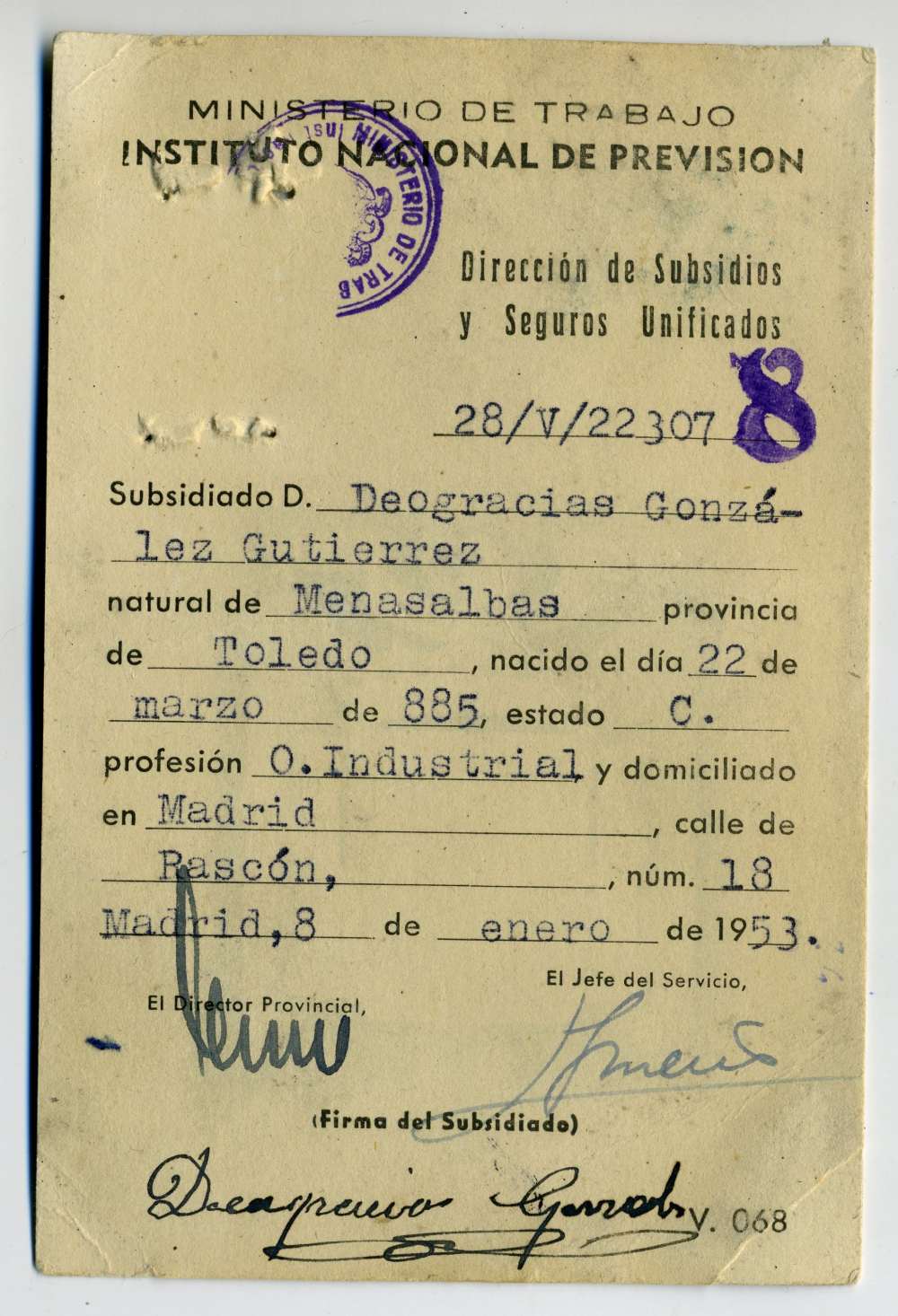 Tarjeta de subsidiado de Deogracias Gonzlez Gutirrez, antiguo trabajador de Gas Madrid