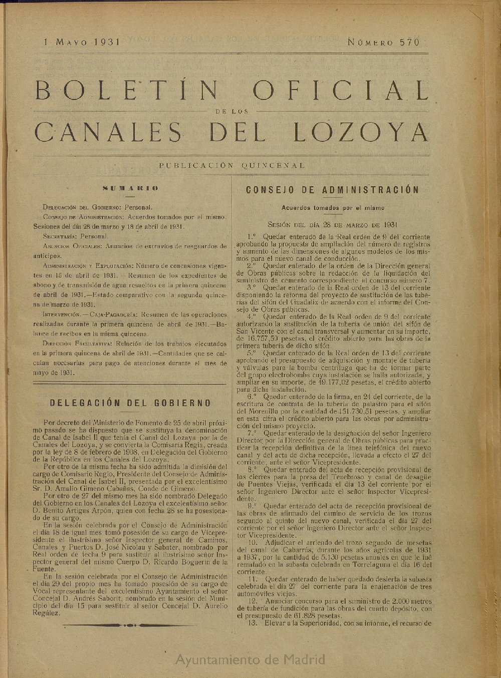 Boletn Oficial de los Canales del Lozoya del 1 de mayo de 1931, n 570