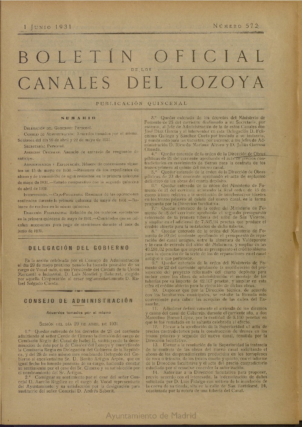 Boletn Oficial de los Canales del Lozoya del 1 de junio de 1931, n 572