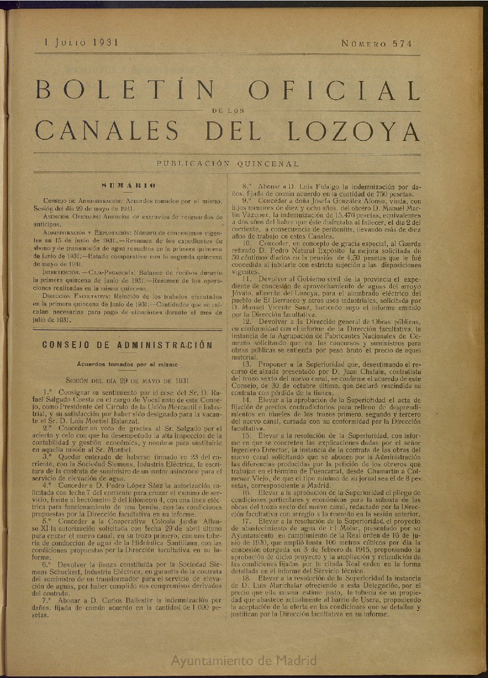 Boletn Oficial de los Canales del Lozoya del 1 de julio de 1931, n 574