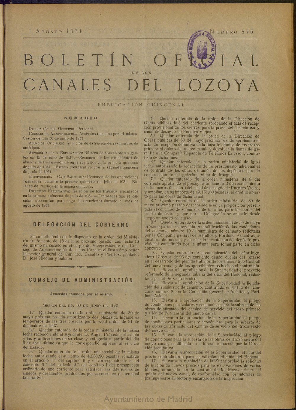 Boletn Oficial de los Canales del Lozoya del 1 de agosto de 1931, n 576