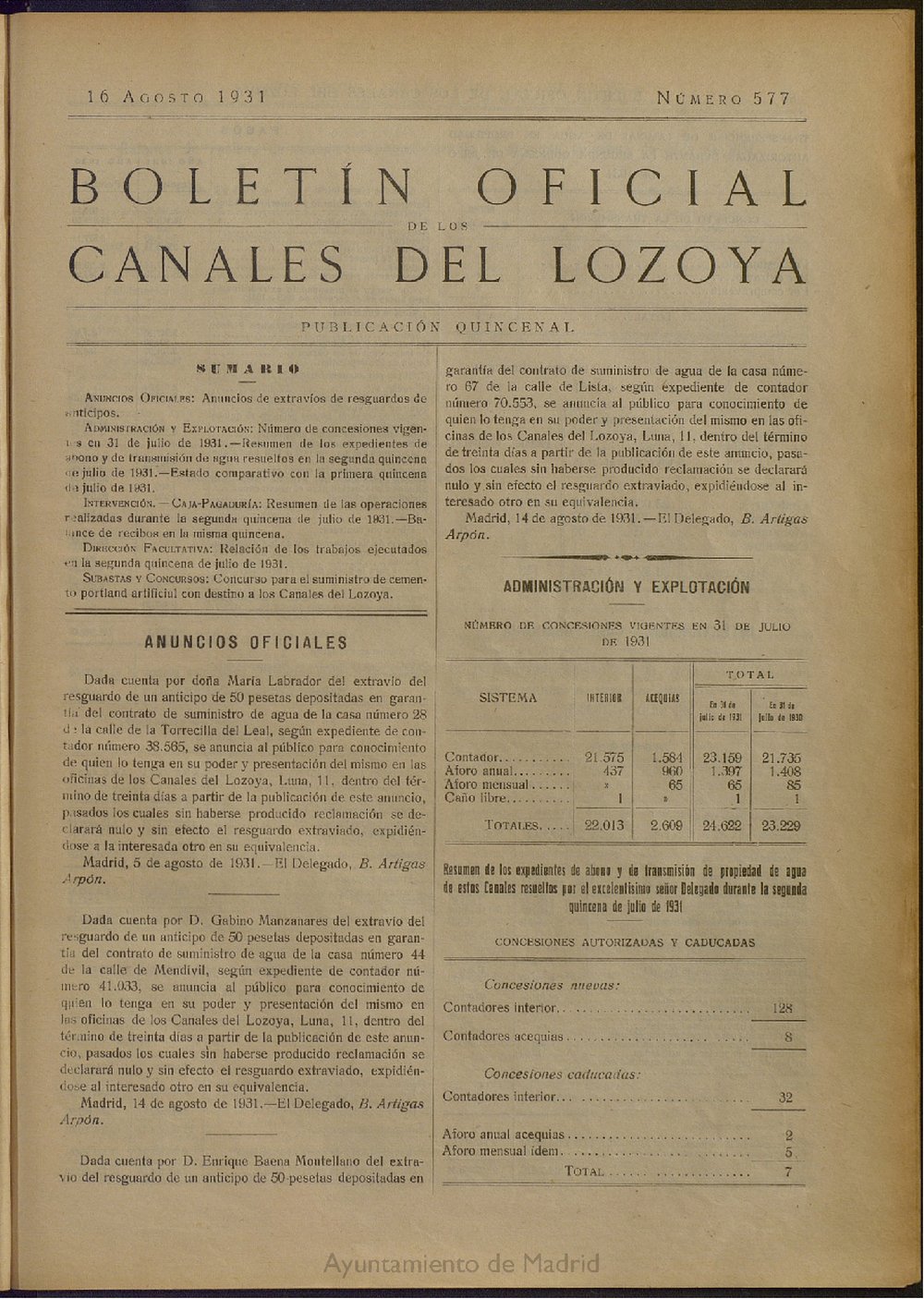 Boletn Oficial de los Canales del Lozoya del 16 de agosto de 1931, n 577
