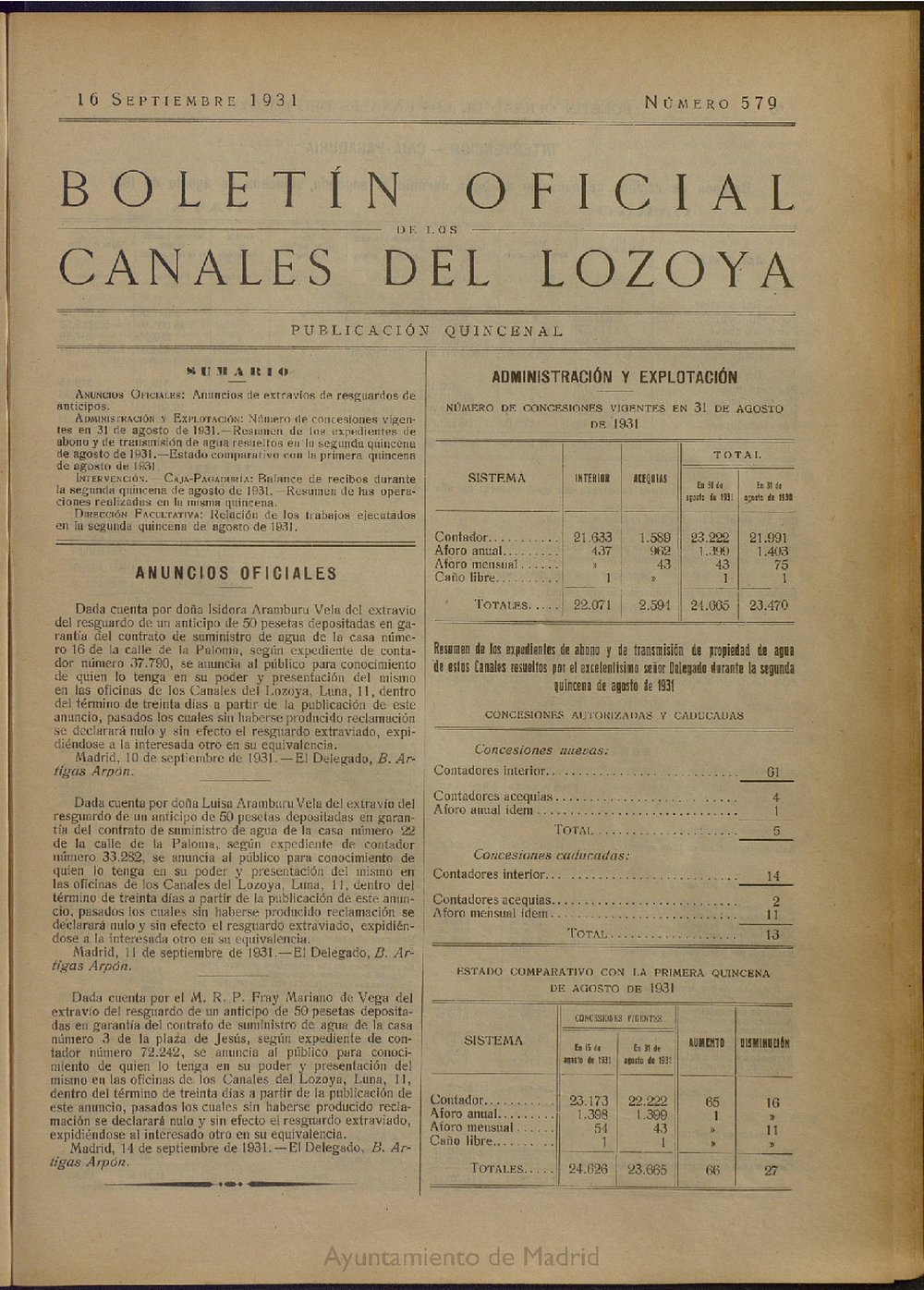 Boletn Oficial de los Canales del Lozoya del 16 de septiembre de 1931, n 579