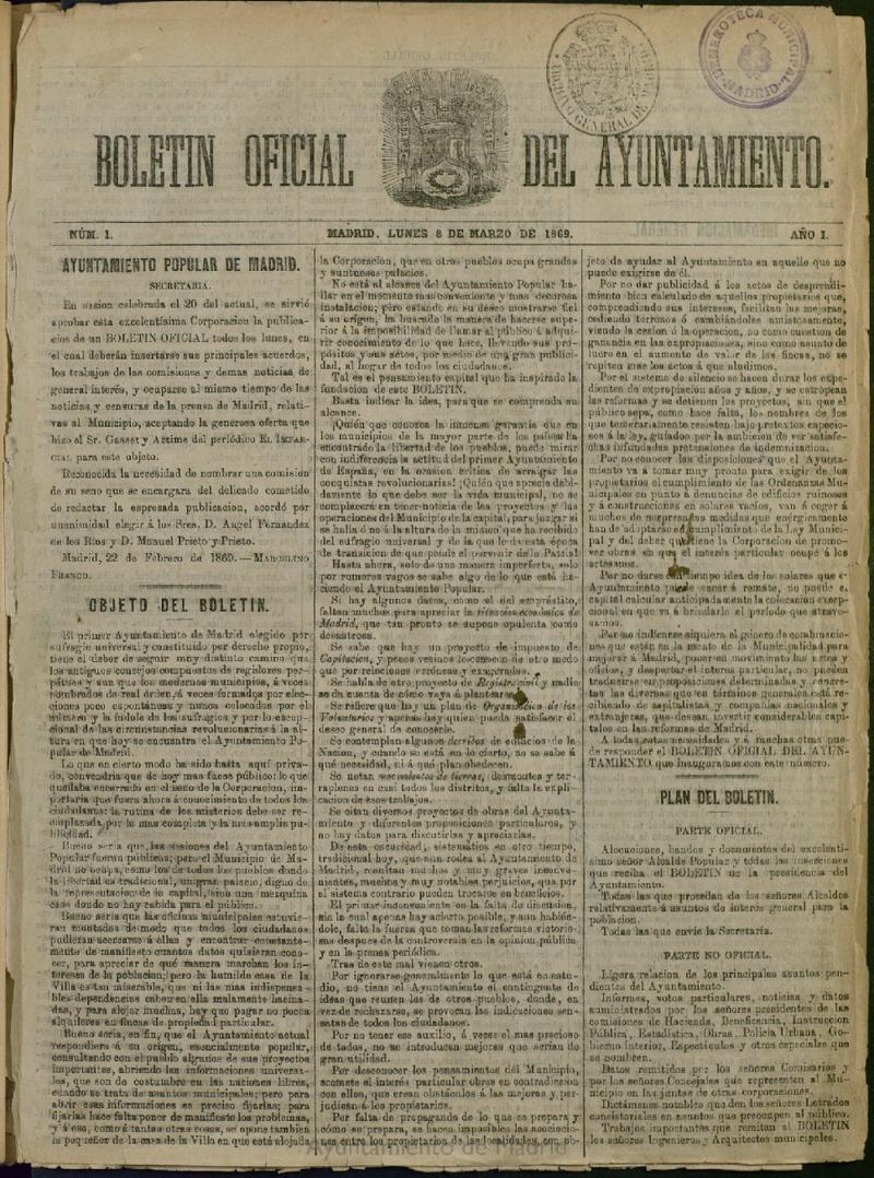 Boletín Oficial del Ayuntamiento de Madrid del 8 de marzo de 1869, nº 1