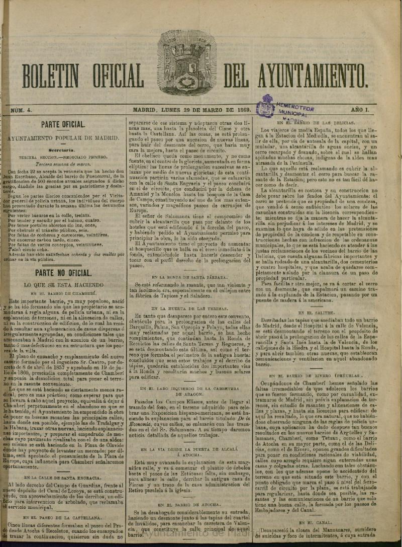 Boletín Oficial del Ayuntamiento de Madrid del 29 de marzo de 1869, nº 4