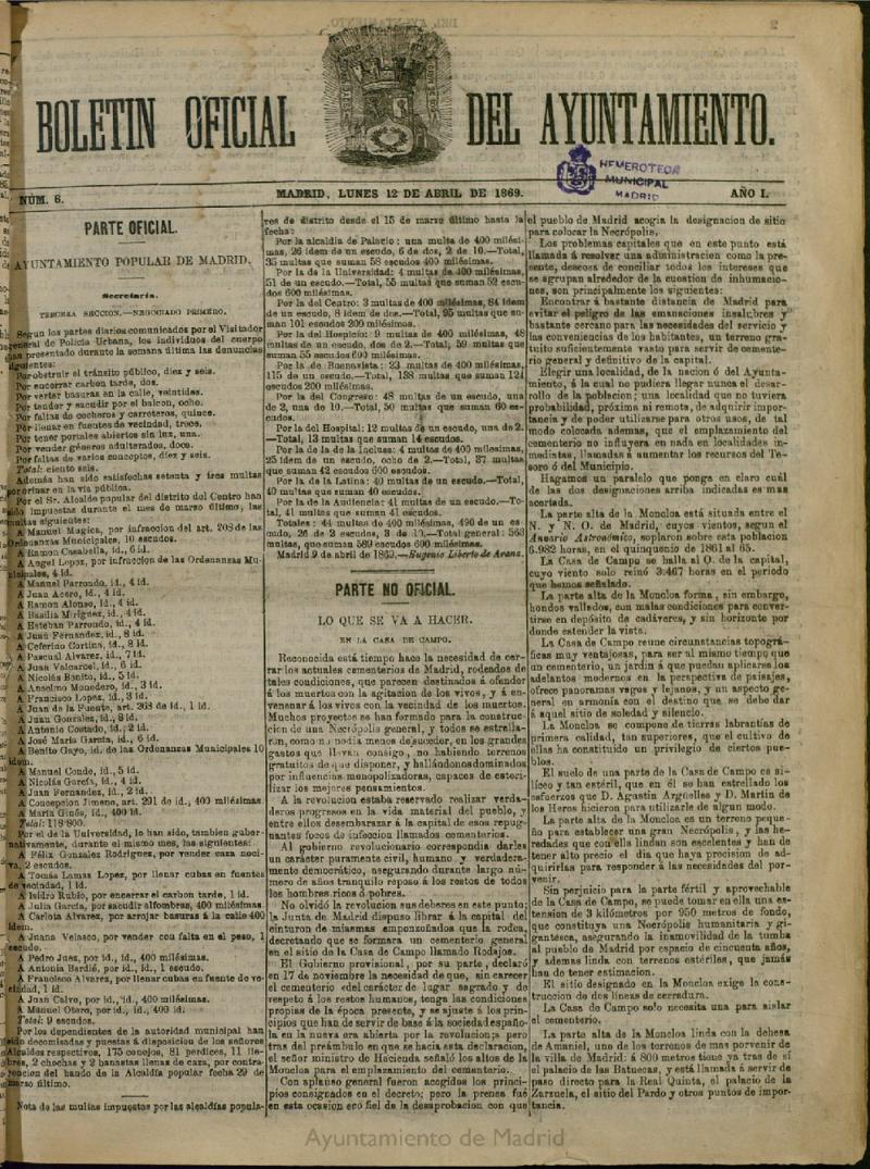 Boletín Oficial del Ayuntamiento de Madrid del 12 de abril de 1869, nº 6