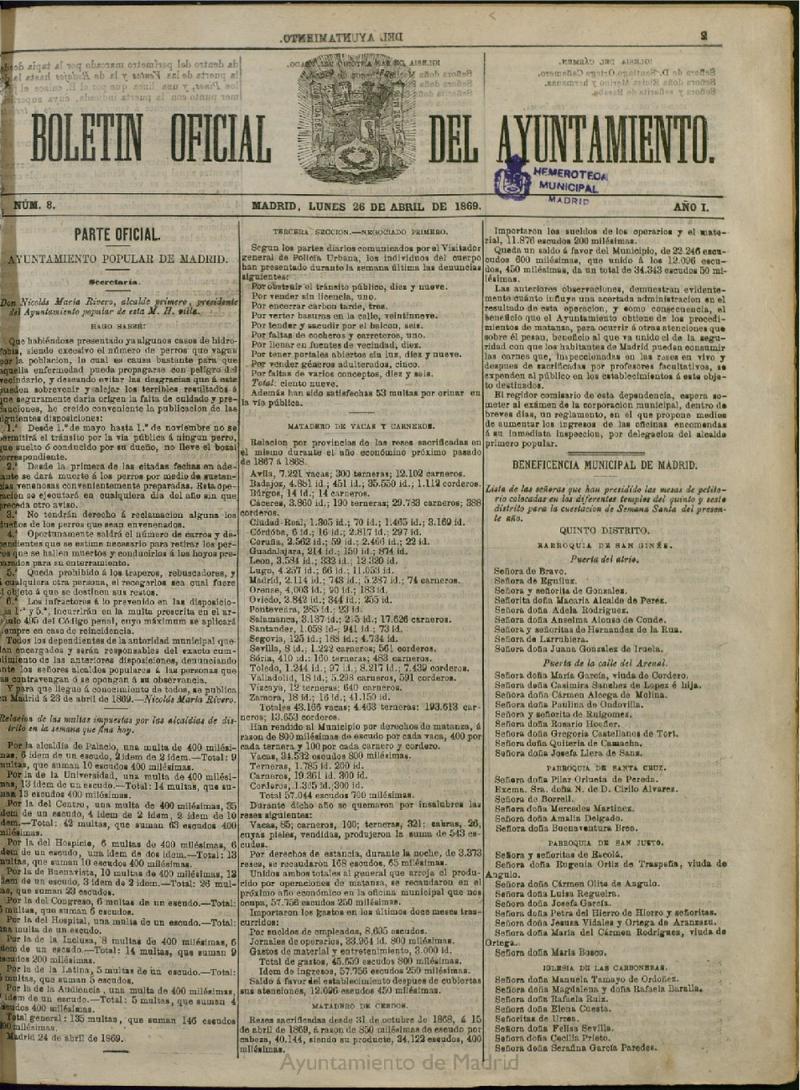 Boletín Oficial del Ayuntamiento de Madrid del 26 de abril de 1869, nº 8
