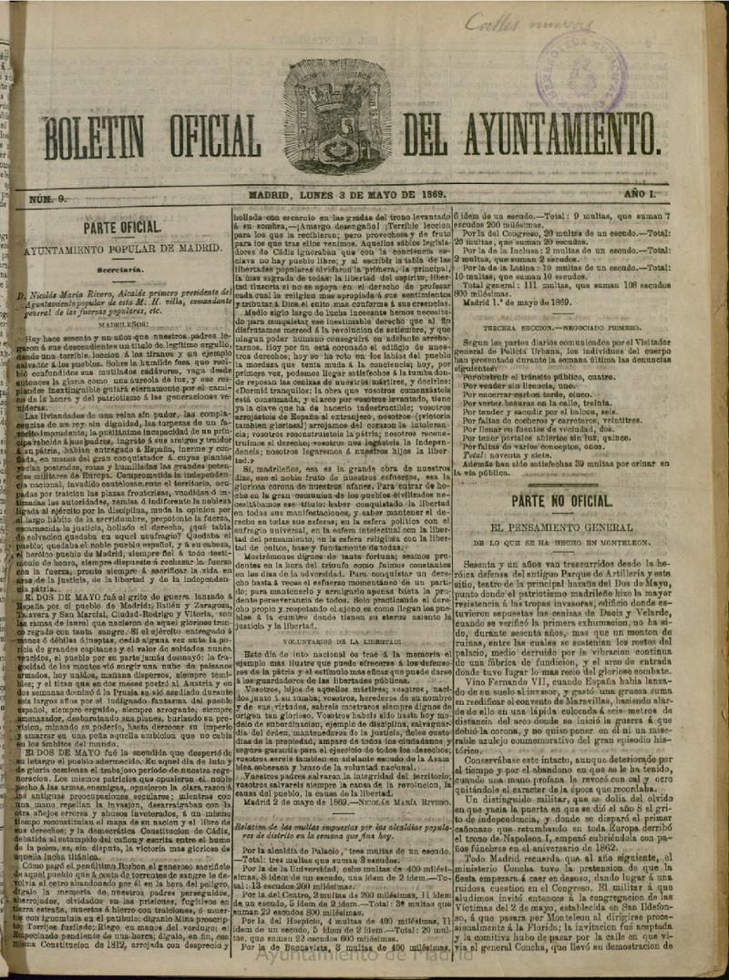 Boletín Oficial del Ayuntamiento de Madrid del 3 de mayo de 1869, nº 9
