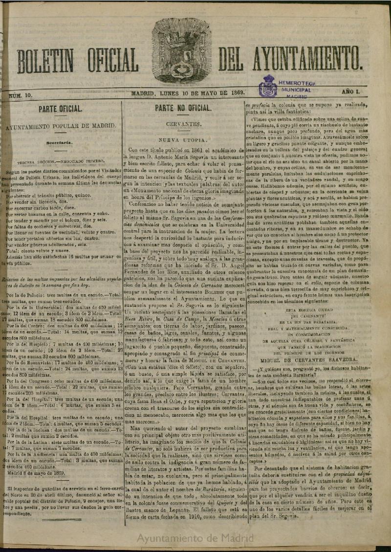 Boletín Oficial del Ayuntamiento de Madrid del 10 de mayo de 1869, nº 10