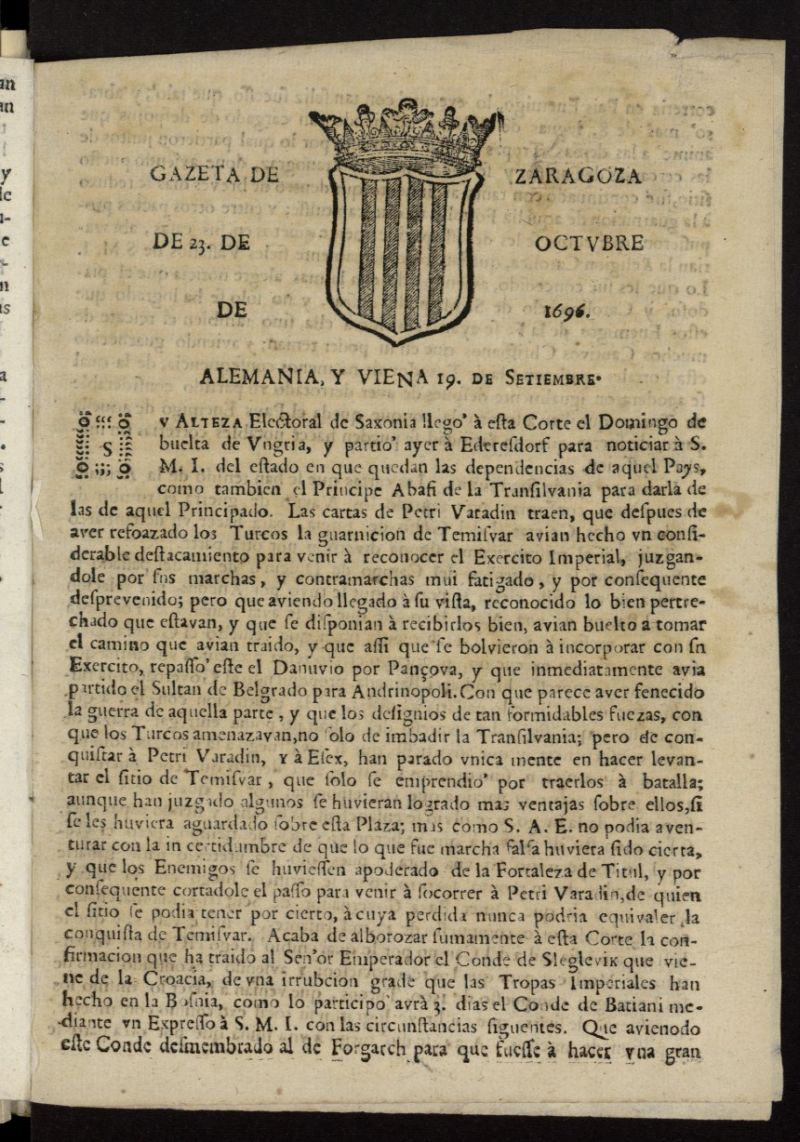 Gazeta de Zaragoza del 23 de octubre de 1696