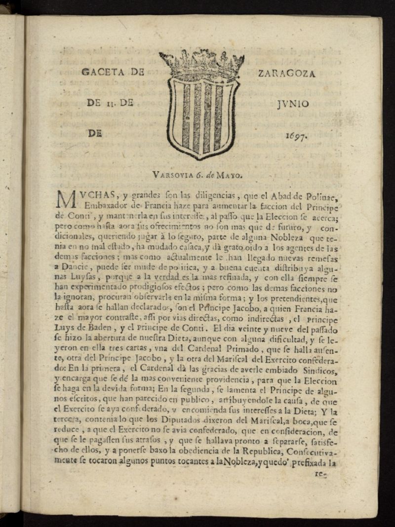 Gazeta de Zaragoza del 11 de junio de 1697