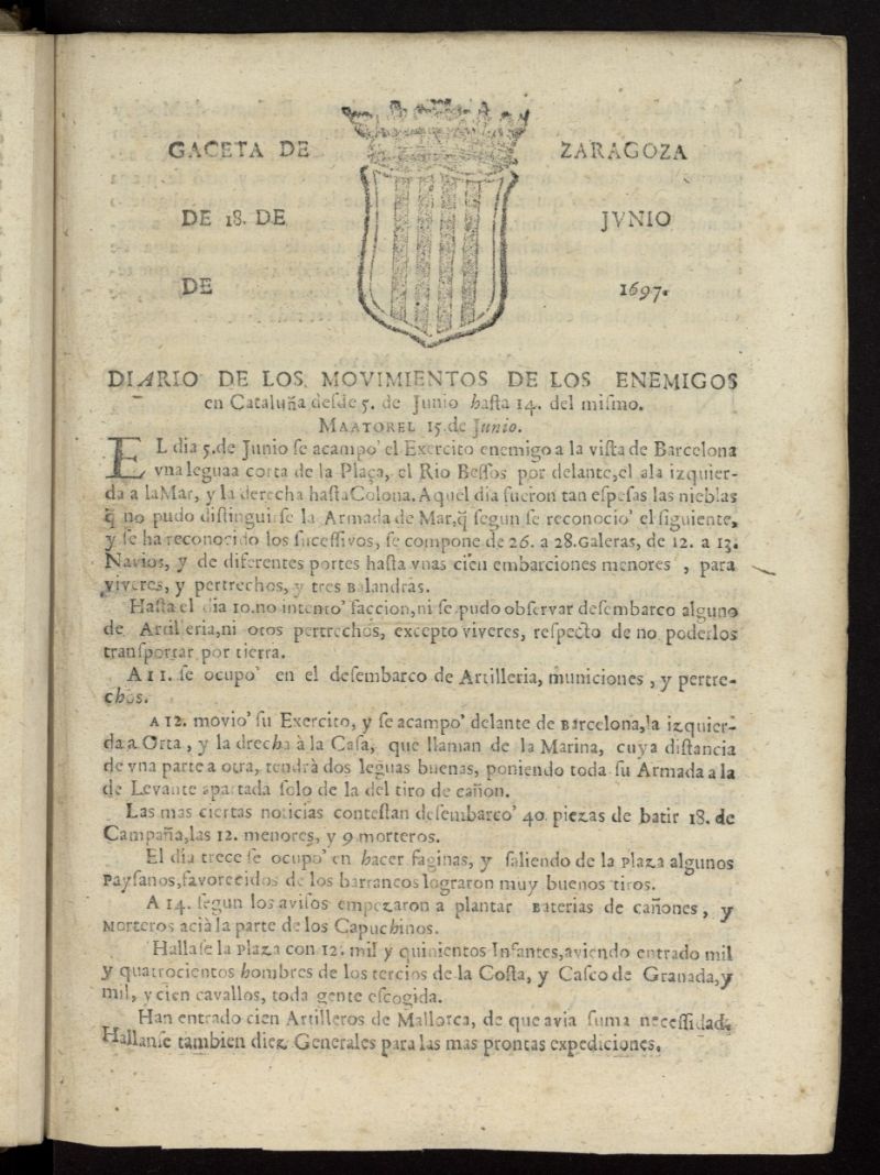 Gazeta de Zaragoza del 18 de junio de 1697