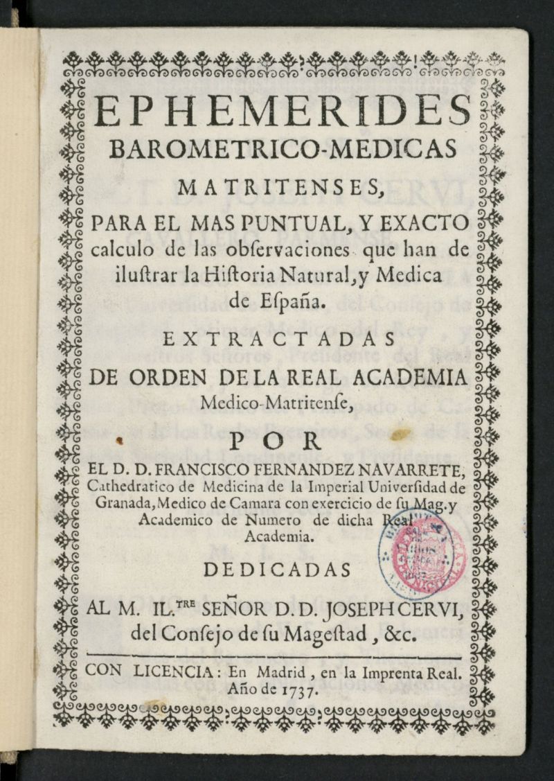 Ephemmrides baromtrico-mdicas matritenses de marzo de 1737
