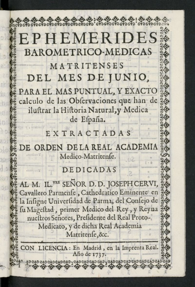 Ephemmrides baromtrico-mdicas matritenses de junio de 1737
