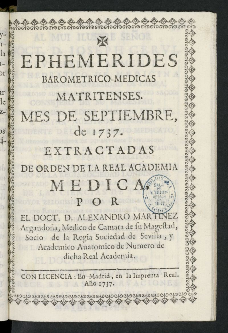 Ephemmrides baromtrico-mdicas matritenses de septiembre de 1737