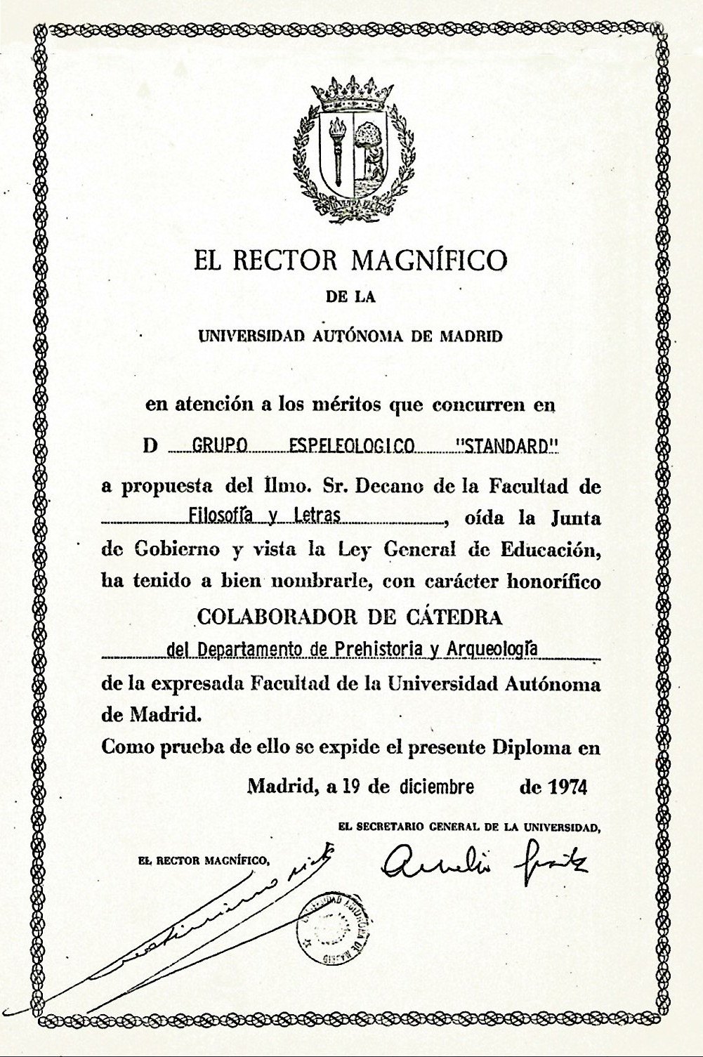 Diploma concedido al Grupo Espeleolgico Standard por la Universidad Autnoma de Madrid