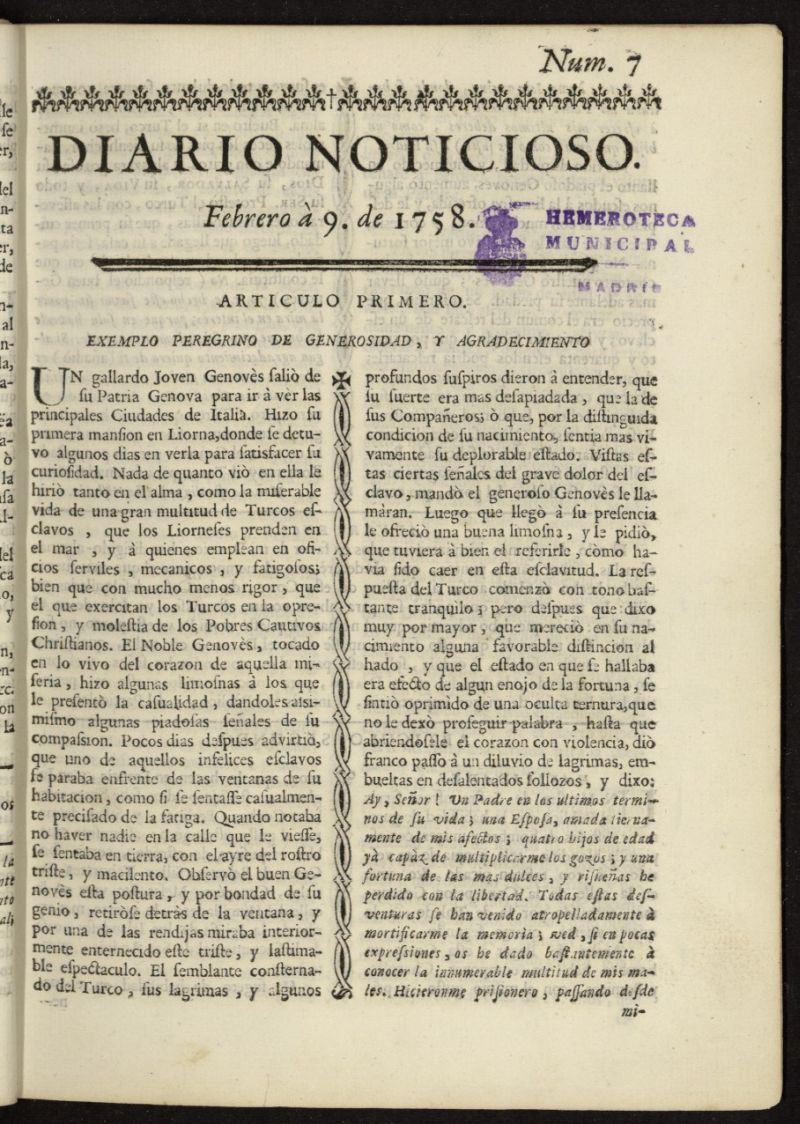 Diario Noticioso, Curioso-Erudito y Comercial del 9 de febrero de 1758, n 7