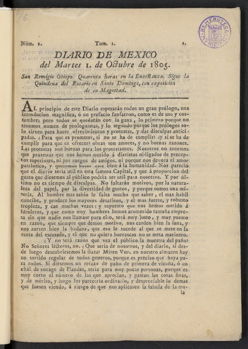 Diario de Mxico del 1 de octubre de 1805, n 1