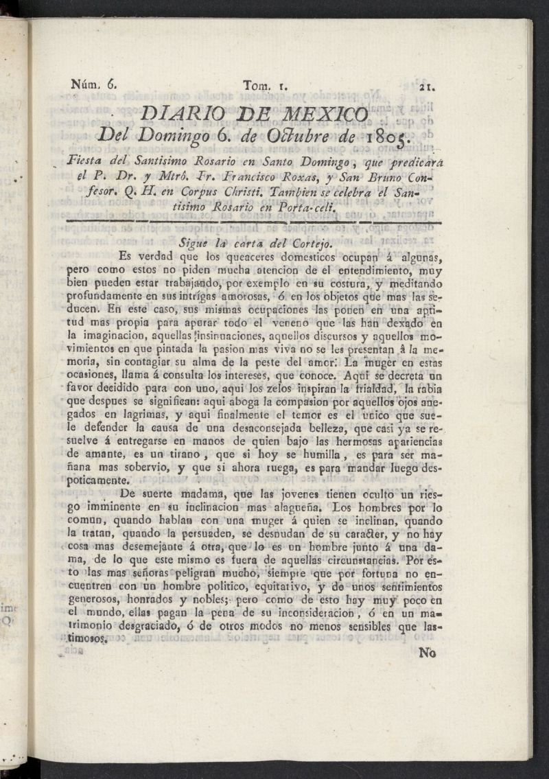 Diario de Mxico del 6 de octubre de 1805, n 6