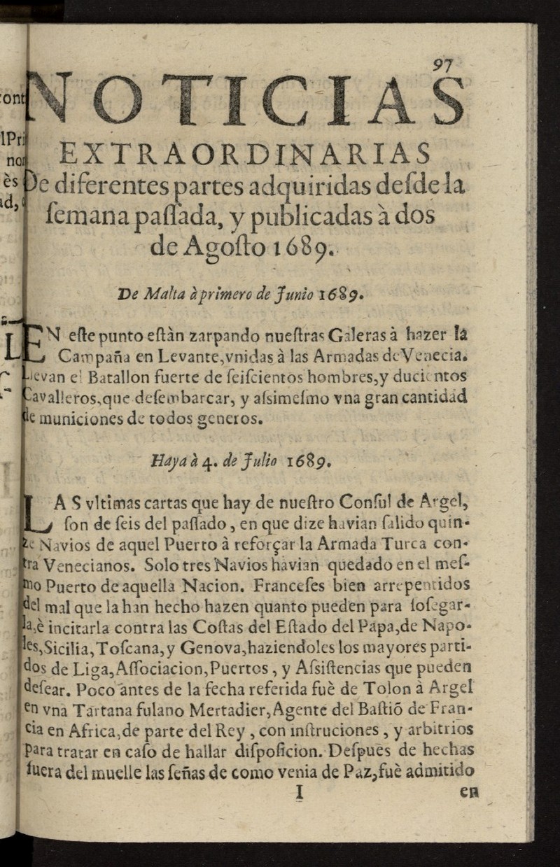 Noticias extraordinarias de diferentes partes del 2 de agosto de 1689