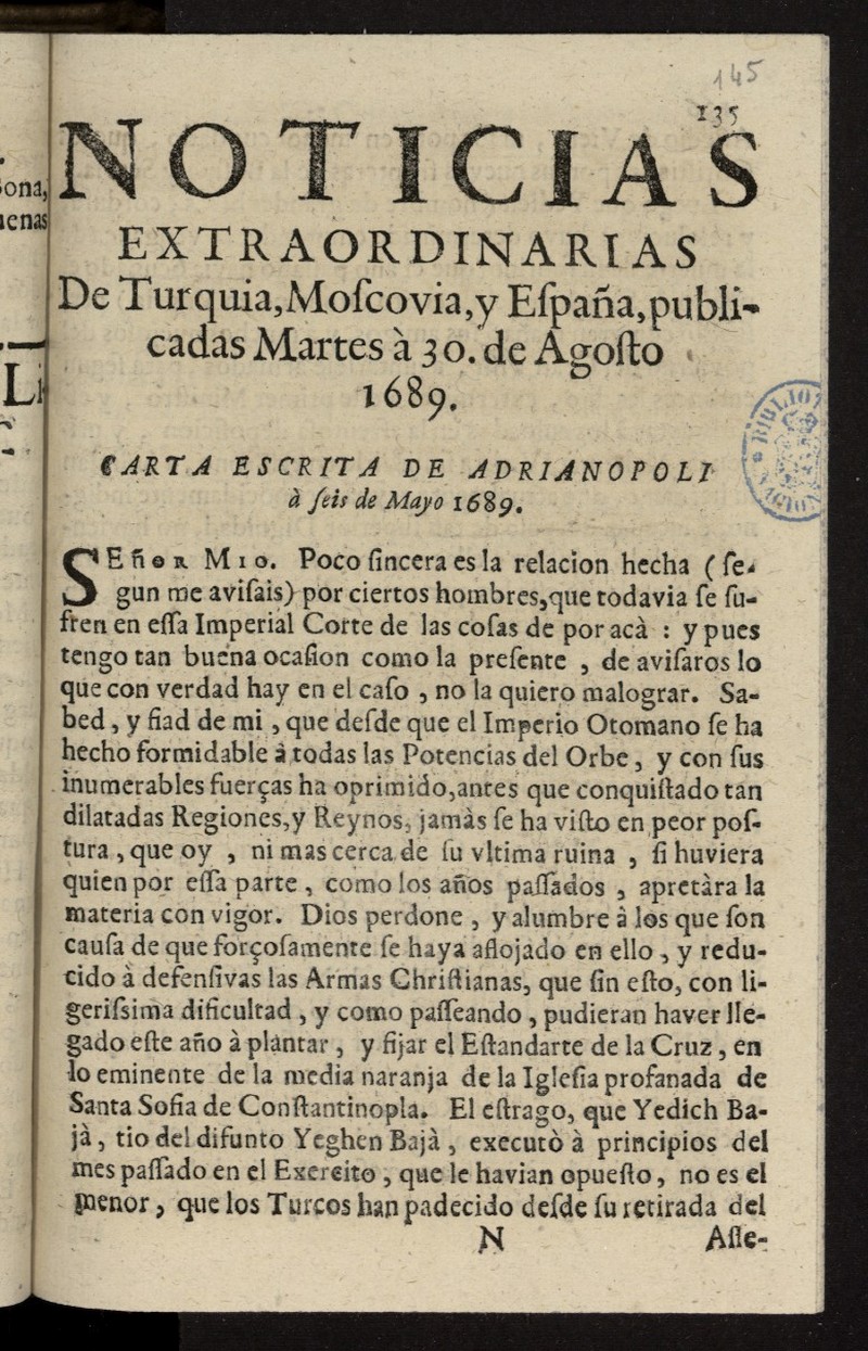 Noticias extraordinarias de Turqua, Moscovia y Espaa del 30 de agosto de 1689
