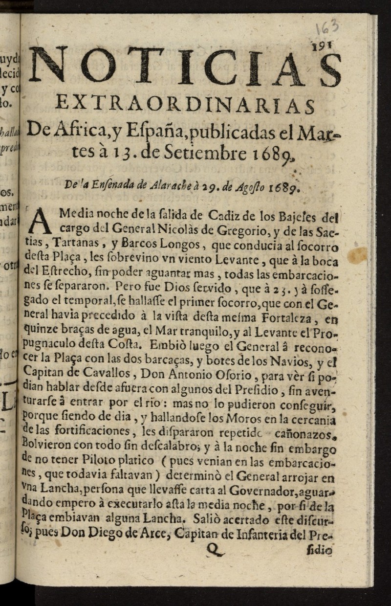 Noticias extraordinarias de frica y Espaa del 13 de septiembre de 1689