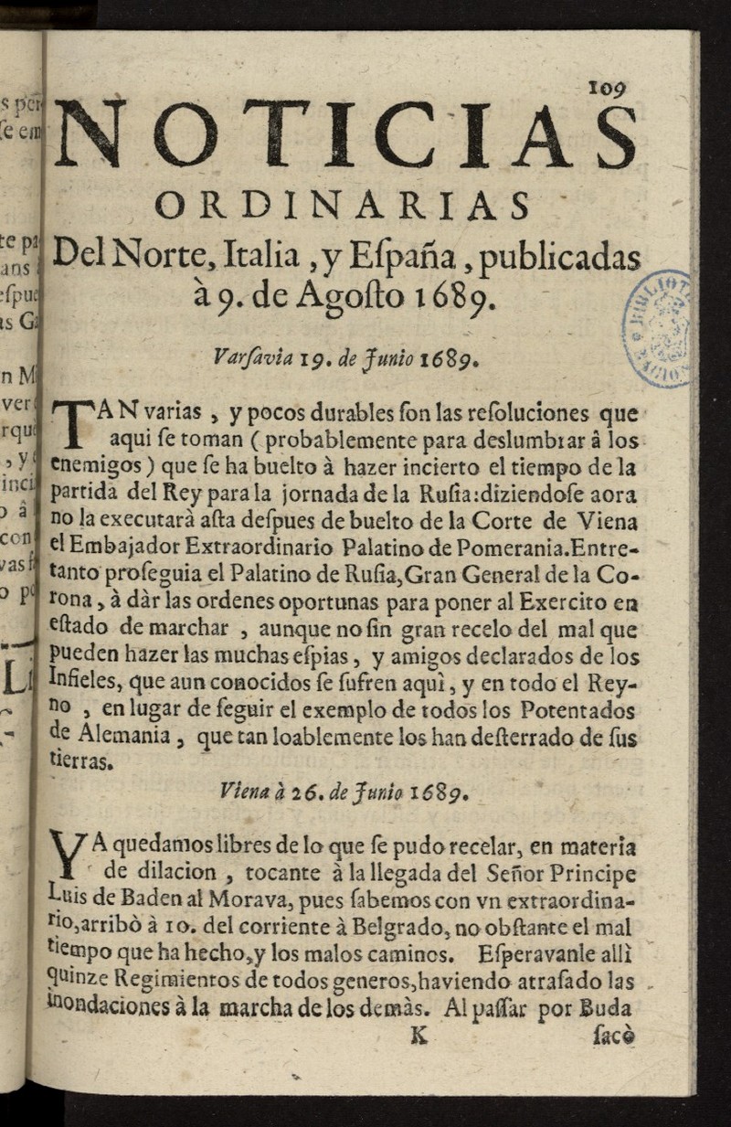 Noticias ordinarias del Norte, Italia, y Espaa del 9 de agosto de 1689