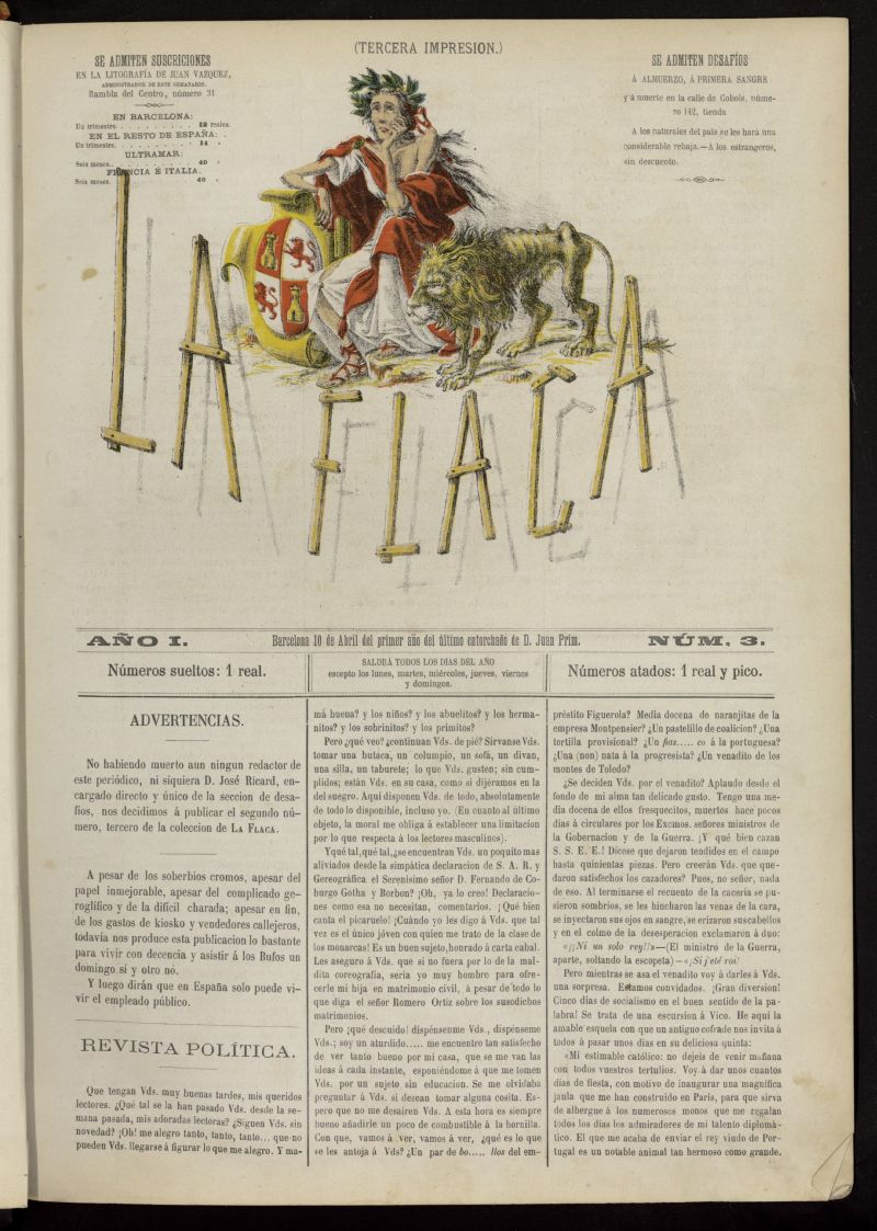 La Flaca del 10 de abril de 1869, n 3 (tercera impresin)